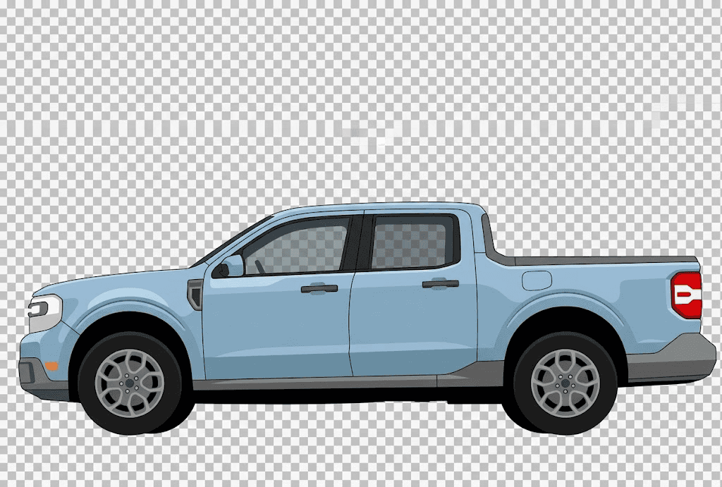 Illustration of a light-blue Ford Maverick viewed from the side
